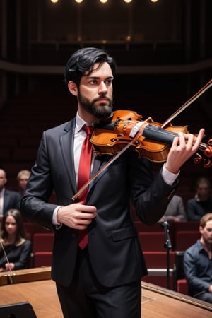 A boy (black hair, beard,) solo, (wearing long-sleeved white shirt, gray jacket, red pants, formal suit, red tie around his neck, deep eyes,
Keep standing, the warm lights in the center of the audience, playing the violin, wearing leather shoes,
standing, (music, formal, concert hall, delicate hands, delicate face, male focus),
Detailed musical instruments
