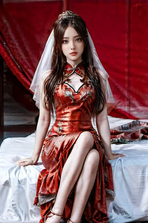 High quality, real, digital, perfect masterpiece, 8K, a girl wearing a Chinese bridal dress (red dress, floral pattern), white hair, bridal hairstyle, wearing a bridal tiara on her head, covered with transparent tulle, Veil, (see through: 0.8), pale skin, deep eyes, blush on both sides of the cheeks, death makeup, sitting in a dark room, on the bed, red shoes, ghost bride, delicate legs, delicate hands , palm, fingers,