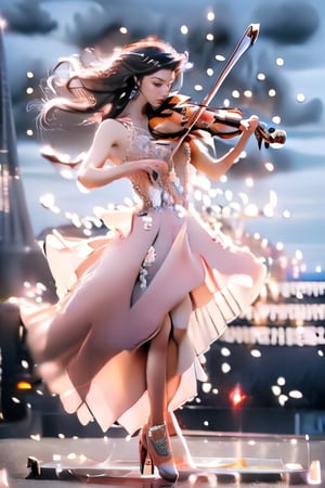 A cute girl, big breasts, deep eyes, the best quality, masterpiece, fantasy, reality, science fiction, surreal 8k, exquisite face (super realistic), long flowing hair, wearing a hot red low-cut sexy dress, revealing Beautiful long legs, in everyone’s focus, with a wonderful posture
  Standing, with the warm lights in the center of the stage, focusing on playing the violin, wearing high boots, staring at the audience, holding the bow in his right hand, he played a perfect musical feast.
  standing, (music, formal, concert hall, delicate hands, delicate face, female focus),
  Detailed instruments, musical notation scattered around, and a packed audience (lots of people, applauding).