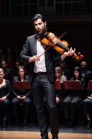 A boy (black hair, beard,) solo, (wearing long-sleeved white shirt, gray jacket, red pants, formal suit, red tie around his neck, deep eyes,
Keep standing, the warm lights in the center of the audience, playing the violin, wearing leather shoes,
standing, (music, formal, concert hall, delicate hands, delicate face, male focus),
Detailed musical instruments