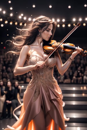 A cute girl, big breasts, deep eyes, the best quality, masterpiece, fantasy, reality, science fiction, surreal 8k, exquisite face (super realistic), long flowing hair, wearing a hot red low-cut sexy dress, revealing Beautiful long legs, in everyone’s focus, with a wonderful posture
  Standing, with the warm lights in the center of the stage, focusing on playing the violin, wearing high boots, staring at the audience, holding the bow in his right hand, he played a perfect musical feast.
  standing, (music, formal, concert hall, delicate hands, delicate face, female focus),
  Detailed instruments, musical notation scattered around, and a packed audience (lots of people, applauding).