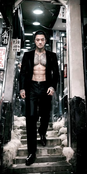 Visualize a shirtless vampire exuding the aura of a Yakuza boss, blending the elegance of the undead with the ruthless demeanor of a Japanese underworld figure. Clad in sleek, tailored suits adorned with intricate tattoos, this vampire commands respect and fear alike. His pale complexion and piercing gaze hint at his supernatural nature, while the traditional Yakuza symbols woven into his attire pay homage to his roots. With each step, he exudes an air of authority and danger, embodying the perfect fusion of vampiric allure and Yakuza sophistication,m124n,flash
