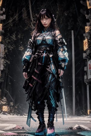(best quality,8K,highres,masterpiece, ultra-detailed, super colorful, vibrant, realistic, high-resolution), wide view, full picture head-to-toe, colorful portrait of an asian woman with flawless anatomy, her left arm is a mechanical prosthetic. She is shirtless, no bra, but only wearing a blue-coloured clear see-through tactical kimono with no under-garment under it, large-breasted, slim-waisted, huge-hip, baggy cargo pants, doctor marten's high boots, Her tattoed skin is extremely detailed and realistic, with a natural and lifelike texture. Her pink-colored wavy hair is tied in samurai-style high-knot. The background is in the crowd in the middle of cyberpunk city, ((in a bright broad day light)), The lighting accentuates the contours of her face, adding depth and dimension to the portrait. The overall composition is masterfully done, showcasing the intricate details and achieving a high level of realism, techwear, kimono,photorealistic,1girl lacus clyne pink hair blue eyes,DonM3l3m3nt4l,firefliesfireflies,IncrsNikkeProfile,Extremely Realistic,dream_girl,Samurai girl,Pixel art,tech