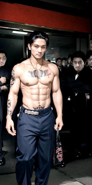 Visualize a shirtless vampire exuding the aura of a Yakuza boss, blending the elegance of the undead with the ruthless demeanor of a Japanese underworld figure, intricate tattoos, this vampire commands respect and fear alike. His pale complexion and piercing gaze hint at his supernatural nature, while the traditional Yakuza symbols woven into his attire pay homage to his roots, m124n,flash