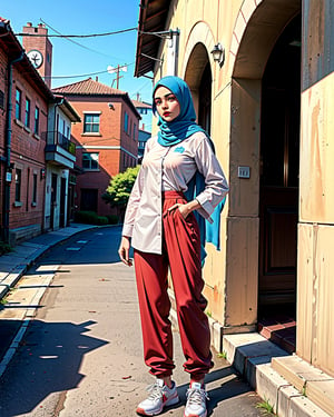 the daily routine of an indian woman, her hijab, full length shirt, long pants, and sneakers being her signature style, even when the sun beats down relentlessly