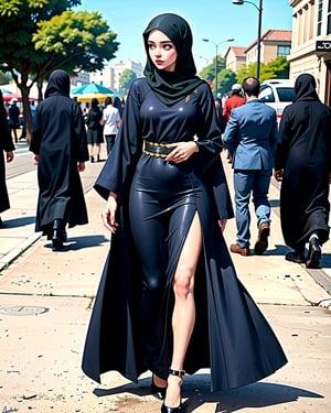 the daily routine of an arab woman, her hijab, full length abaya, and heels being her signature style, even when the sun beats down relentlessly