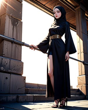 the daily routine of an arab woman, her hijab, full length abaya covering her body, and heels being her signature style, even when the sun beats down relentlessly