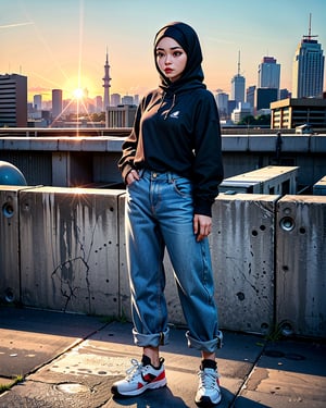 the daily routine of an Indonesian woman, her hijab, oversized hoodie, denim long pants, and sneakers being her signature style, even when the sun beats down relentlessly
