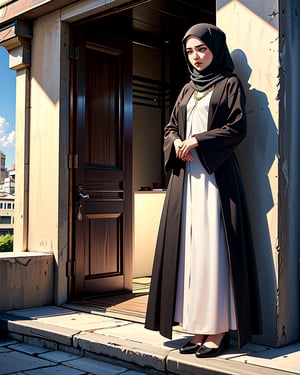the daily routine of an arab woman, her hijab, full length abaya covering her body, and shoes being her signature style, even when the sun beats down relentlessly,Extremely Realistic