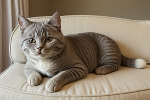 1cat, British Shorthair cat, round face, white hair,  Animal,  Animal Photography,  the cat is on sofa, cute and fat, smooth hair, long hair 