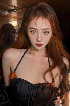 Photorealistic, beautiful, Masterpiece, HD, ultra detail eyes, 1girl,
(Orange hair:1.2),
long hair, smile, bedroom background,hk_girl wearing a long black evening dress at a party ,bul4n,Soojin ,z1l4