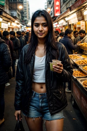 Lovely cute, an Instagram model 22 years old, full-length, long black_hair, black hair, winter, in indian messy market indian, wearing decent lower, top and jacket pony_tail eating street food in hand, crowded area with indian peoples around full picture,Indian Girl