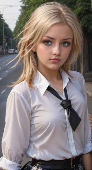 A naughty school girl, blonde hair, tight blouse tied at waist, on a cross road, Rembrandt lighting, modern style 