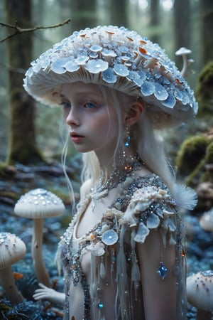 albino mushroom girl, mushroom Head,((Mushrooms made of gemstones)), drill hair,
stands amidst the tranquility,Adorned with soft, pale-colored petals resembling mushroom caps and delicate mycelium cascading from her hair, she exudes ethereal beauty.,Her eyes silver or pale blue, convey mystery and wonder as she moves gracefully through the enchanted landscape, Surrounded by vibrant colors and playful woodland creatures, she embodies the magic and wonder of nature's hidden treasures.",mushroomz,dal,Amethyst ,Crystal game props,1girl