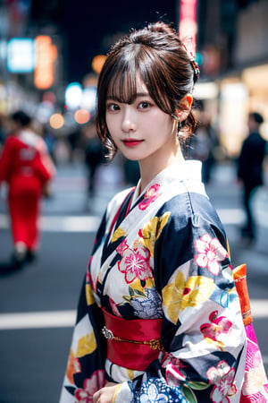 (masterpiece), (RAW photo, best quality),Japanese female idol wearing a skirt ,On the streets at nigh,looking at viewer,lightly makeup,(photo-realistic3),realistic photograph, with professional color grading, shot in 8K with a F2.4 aperture and 35mm lens,realistic face,close up,upper body,kimono,pink short curly hair,JeeSoo ,1 girl