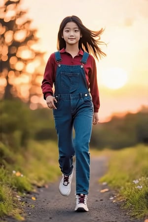 (((score_9, score_8_up, score_7_up, best quality, 4K, 8K, high-resolution, masterpiece, ultra-detailed, realistic, photorealistic))), 
(((1girl, solo, black hair, outdoors, shoes, sneakers, walking, sunset, running, realistic, sun, overalls))),(((high resolution, extremely sharp, ultra-real, extremely detailed, an ultra-realistic photograph captured with a Sony α7 III camera, equipped with an 85mm lens, depicting, The image, taken in high resolution.))) 