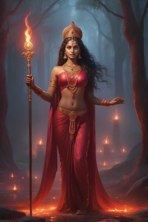 A darkened ritualistic clearing bathed in eerie crimson light, illuminated by flickering torches, as Indian goddess Kaali stands tall, her fierce eyes blazing with otherworldly intensity. Her dark skin glistens with sweat, adorned with sacred symbols and ornaments, as she raises her trident to the sky, her powerful legs spread wide, grounding her connection to the earth.