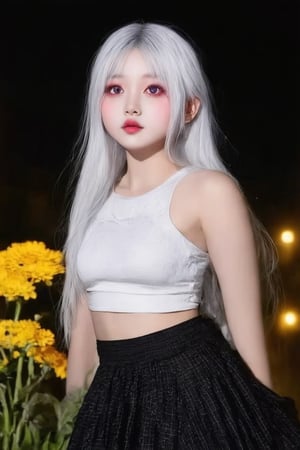 (((score_9, score_8_up, score_7_up, best quality, 4K, 8K, high-resolution, masterpiece, ultra-detailed, realistic, photorealistic, soft light, full-body_portrait))),(((realistic, 1girl, white hair, purple eyes, glowing eyes, crop top, skirt, parted lips, blush, night, flowers, sun, sunlight))),(((high resolution, extremely sharp, ultra-real, extremely detailed, an ultra-realistic photograph captured with a Sony α7 III camera, equipped with an 85mm lens, depicting, The image, taken in high resolution.))) 