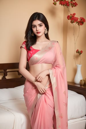 Aa Indian women,wearing pink saree,on the bed,bed is carefully decorated with red flowers and made heart on bed,a heart make of light tag on wall and written LOVE, beautiful girl,real,realistic,wear hearing