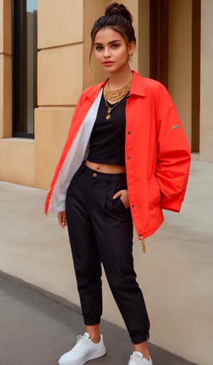 1girl, solo, brown hair, jewelry, jacket, ponytail, pants, necklace, watch, realistic, wristwatch, red jacket, black formal pant, White sneakers