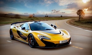 Amidst the endless expanse of a desolate highway, a solitary hyper-realistic figure faithfully navigates the shimmering contours of a maze-like McLaren P1 GT. Colorful, ephemeral, and entrancing geometric Abstract & Conceptual patterns devour the asphalt, seamlessly merging into the nebulous landscape around them. As the sun sets, the Psychedelic sky ignites in a fiery blaze of oranges and purples reflecting off the bilious Craft Art Déco livery of the vehicle.In the grips of this electrifying spectacle, the equilibrized driver demonstrates an inexplicable kinship with the machine, escalating their symbiotic union iridescently within the elusive confines of the Futuristic & Sci-Fi Conceptual highway, oblivious to the phantasmic detritus of time surviving only within the artistic realms of Abstract & Conceptual expression.