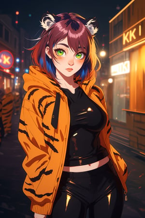 (masterpiece, high quality, 8K, high_res:1.5), 
brilliant merge cartoon drawning style and photorealism, hand-drawn fashion photography,
portrait of an incredibly beautiful woman, (((tiger color hair))), golden green eyes,
clothing \orange oversized hoodie with black ornament, black leather pants\,
art studio background, neon lighting enviroment, sensual and elegant,
unexpectable camera angle, model pose, trending on teenagers magazines and social media.
,fflixmj6