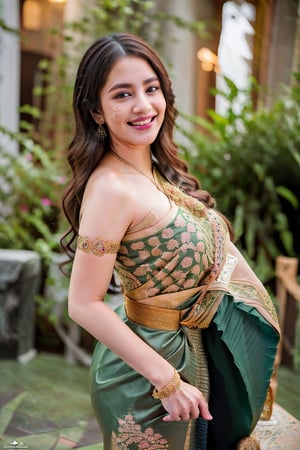   Beautiful Thai girl wearing sexy green Thai sabai,  sexy pose , bent over, thick sexy body, immersive huge boobs , elegant, beautiful, provocative, stunning, woman, 25 years old, black-hair, blue eyes, big breasts, sexy curvy thick bidy,smile, wearing Thai style traditional sexy dress, high heels, snowy winter landscape, perfect face, perfect eyes, perfect legs, standing, full body, best quality, ultra realistic, focus, intricate detailed, high detail, high-res, photorealistic, realism, ,Sexy Big Breast, beautiful lady, freckles, big smile, dark makeup, hyperdetailed photography, soft light, head and shoulders portrait, cover ,Thailand 