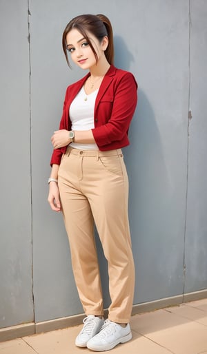 1girl, solo, brown hair, jewelry, jacket, ponytail, pants, necklace, watch, realistic, wristwatch, red jacket, formal pant, White sneakers, realistic, pony