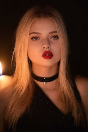 Close-up shot of a super cute blonde woman illuminated by soft, warm candlelight in a dimly lit room. Her bright locks stand out against the dark background, and her porcelain skin glows with a subtle sheen. She's dressed in all-black attire, complete with a flowing black dress and choker necklace, exuding mysterious allure. Her piercing blue eyes lock onto the camera, sparkling with mischief as she pouts slightly, showcasing her plump lips.