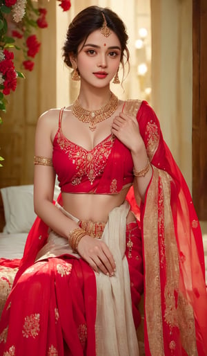 A glamorous and vivid portrait of a radiant Indian woman, draped in a vibrant red saree, tenderly resting on an ornate bed swathed in a cascade of red flowers and arranged into a heart shape. The heart is highlighted by a stunningly soft, ambient light source cast on the wall, casting the word 'LOVE' in delicate, shimmering letters. The intricate details of the woman's delicate features and the beautiful embroidery on her saree create a stunning fashion & design statement in this realistic and highly detailed image.