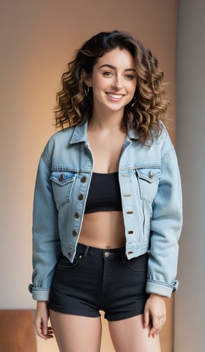 An image of a woman with voluminous wavy hair, standing confidently and smiling at the camera. She is wearing a light denim jacket with rolled sleeves, a black crop top, and high-waisted denim shorts. Her right hand rests on her hip, and her left arm is relaxed at her side. The setting is simple, with soft lighting that highlights her friendly demeanor and casual style.