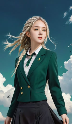 
18 year old girl with long platinum blond braided hair, wearing a dark green blazer white blouse and black skirt, flying among clouds in the style of hyper-realistic atmospheres, anime aesthetic, dotted, fenghua zhong, close up, light gold and dark emerald, 32k uh --ar 9:16 --stylize 750 