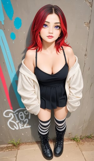 (score_9, score_8_up, score_7_up), 1girl, 20 year old, two-toned hair, black and red hair, perky breasts, cleavage, pretty face, petite, purple eyes, light freckles, oversized hoodie, black skirt, striped thigh-high socks, gothic boots, exhausted, looking up, detailed background, outside, ally, graffiti, night, volumetric lighting, vivid colours, Expressiveh, g0thicPXL, glowing, neon, full body shot from above,Pony,Realistic