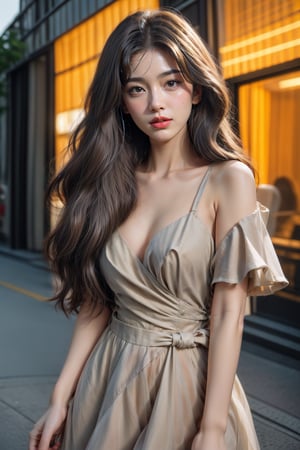 asian girl wearing an elegant top or dress at night, in the style of iconic album covers, neon-infused digitalism, animated gifs, light purple and light amber, i can't believe how beautiful this is, soft-focus portraits, chicano-inspired --ar 1:2 --stylize 750 --v 6