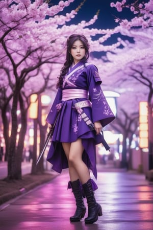 Photograph a static tableau of a visually breathtaking Japanese cosplay girl, appearing as a dramatic fusion of traditional federal dress and cyber-samurai aesthetics, in heroic pose with a cinematograph-style lighting composition that emulates hourglass shadows and brilliant purples, tokidoki neon accents, battling federal hawkeye cherry blossoms chromatic aberration, reflecting progressive pixelations and underground Lolita glamour Niravira bliss.