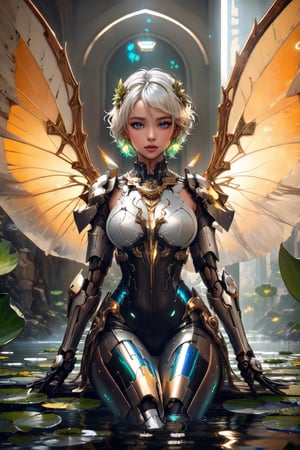 (masterpiece, best quality:1.2),1 woman, solo, short hair, white hair, gold hair, Blue eyes, jewellery, sitting, closed mouth, flower, earrings, wings, artist name, water, armour, lips, bodysuit, glowing, looking away, nose, fairy wings, green colour mechanical wings, standing pose, standing on the water,   lily pad, lotus, spread wings, mecha musume, Masterpiece, colours, 3d octane render, 4k, concept art, trending on artstation, hyperrealistic, Vivid colours, extremely detailed,(front light:1.5)unity 8k wallpaper, trending on ArtStation, trending on CGSociety, Intricate, High Detail, dramatic,(super detailed), (beautiful background, detailed background),