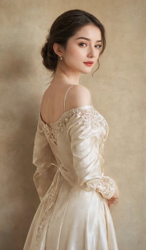 A stunningly beautiful girl, dressed in refined European clothing, is depicted in the height of summer's glow. Embrace the warmth and sophistication with a realistic and detailed composition, immersing the viewer in the exquisite textures of silk, satin, and lace, as they capture the timeless elegance of this enchanting moment.