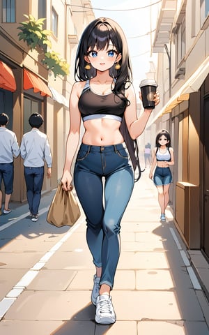 lovely cute young attractive Indian girl walking on street and holding coffee in hand, Earrings, with blue eyes, a gorgeous actress, cute, an Instagram model, with long hair, a full body, head to toe, 18-year-old girl, with black hair, standing, wearing sports bra, jeans and white sneaker, showing armpit