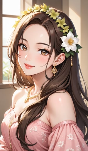 1girl, solo, long hair, looking at viewer, smile, brown hair, hair ornament, dress, bare shoulders, brown eyes, jewelry, upper body, flower, earrings, hair flower, lips, window, dress, lips, head wreath