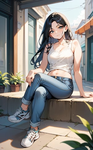 score_9,score_8_up,score_7_up, 1girl, solo, long hair, shirt, black hair, sitting, white shirt, outdoors, shoes, midriff, pants, blurry, crossed legs, tank top, denim, sneakers, jeans, blue pants, white tank top, photo background