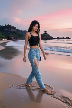 A stunningly beautiful Indian girl, dressed casually in a pair of ripped, distressed denim jeans and a fitted crop top, strides confidently along the shores of a deserted, moonlit beach. The gentle waves lap against her ankles, leaving shimmering trails in the pale glow of the neon-lit night. Her hair, a cascade of reflected silver and raven black, sways gracefully in the misty breeze that carries the scent of the ocean. With each step, she leaves behind crimson footprints upon the damp, starlit sand, the mysterious marker of her transient existence in this surreal, otherworldly realm. In the distance, the silhouette of an ancient, mysterious temple looms, its imposing, angular architecture a stark contrast to the soft curves of her body and the fluid, organic forms of the night. The scene is bathed in the ethereal, pulsing glow of a psychedelic, kaleidoscopic nebula, casting an otherworldly, transfixing luminescence over the girl and the land behind her. As she disappears into the darkness, her silhouette reverberates against the glowing, undulating terrain, leaving a trail of ephemeral, luminescent light that fades as she moves further away. Her presence is a fleeting, enigmatic mystery amidst the vast, infinite expanse of the cosmos, a brief epiphany of beauty and wonder in an existence filled with chaos and uncertainty.