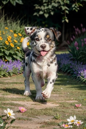 Hyperrealistic photo, very close-up of a beautiful and tender Dalmatian puppy, he is in a garden playing, jumping. A garden with short, very green grass. Many small, colorful flowers. It's daytime, the light is natural. The light creates a contrast of shadows on the animal. Beautiful scene, ultra detailed, hyperrealistic, colorful, distant.