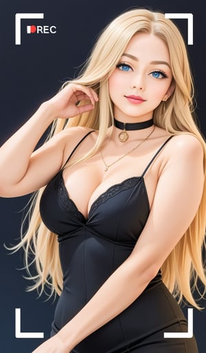 Close-up shot of a super cute blonde woman illuminated by soft, warm candlelight in a dimly lit room. Her bright locks stand out against the dark background, and her porcelain skin glows with a subtle sheen. She's dressed in all-black attire, complete with a flowing black dress and choker necklace, exuding mysterious allure. Her piercing blue eyes lock onto the camera, sparkling with mischief as she pouts slightly, showcasing her plump lipslips, realistic