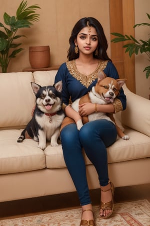 portrait of a girl name atika, full body in frame, round face, Indian bengali girl, Instagram influencer, black long hair, glossy juicy lips,blue eyes cute, kurti, 18-year-old girl, wearing casual clothes, on the couch at home, cuddling with super cute dog, very innocent dog in her hands