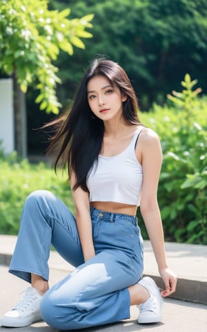 score_9,score_8_up,score_7_up, 1girl, solo, long hair, shirt, black hair, sitting, white shirt, outdoors, shoes, midriff, pants, blurry, crossed legs, tank top, denim, sneakers, jeans, blue pants, white tank top, photo background