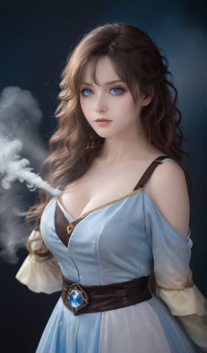 Veronika-inspired cosplayer posed against a dark, misty backdrop, donning a striking costume that mirrors the anime character's iconic attire. The model's long, curly brown hair cascades down her back as she gazes wistfully into the distance, her pale blue eyes gleaming with an air of mystery. Soft, ethereal lighting casts a warm glow on her porcelain skin, while the subtle misting effect adds depth and atmosphere to the scene.