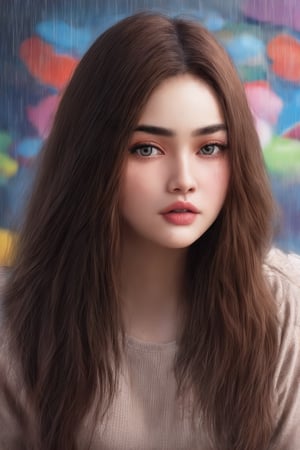 (((score_9, score_8_up, score_7_up, best quality, 4K, 8K, high-resolution, masterpiece, ultra-detailed, realistic, photorealistic, soft light, full-body_portrait))),(((1girl, solo, long hair, looking at viewer, brown hair, closed mouth, upper body, mole, lips, colorful abstract paint on the wall behind her. water color, rain ))),(((high resolution, extremely sharp, ultra-real, extremely detailed, an ultra-realistic photograph captured with a Sony α7 III camera, equipped with an 85mm lens, depicting, The image, taken in high resolution.))) 