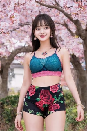 masterpiece, (photogenuineistic: 1.4), highest quality, beautiful lighting, outdoor, single girl, alone, jewelry, earrings, long hair, (black eye, Big seductive eyes:1.2)、big breasts, Scapula, Lips that shine with glitter,smile,genuine, bangs, golden ratio face、colored stone necklace, (outdoor、palace、pillar、lots of cherry blossom trees、SakuraFubuki:1.4)、(big breasts、emphasize the chest:1.8),(CG Unity 8k high definition wallpaper), Complex, high detail, sharp focus, dramatic, beautiful girl, Raw photo, 8k uh, film grain、 (Wearing colorful lace body-fitting sports bra、Shorts with roses printed、low rise、High leg:1.8)、(beautiful feet:1.2)