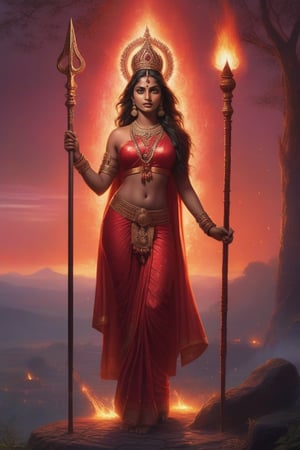 A darkened ritualistic clearing bathed in eerie crimson light, illuminated by flickering torches, as Indian goddess Kaali stands tall, her fierce eyes blazing with otherworldly intensity. Her dark skin glistens with sweat, adorned with sacred symbols and ornaments, as she raises her trident to the sky, her powerful legs spread wide, grounding her connection to the earth.