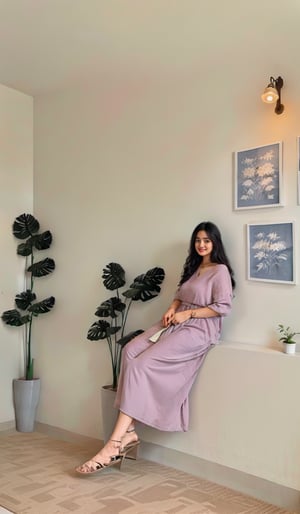 The image shows a woman in a home setting, dressed casually. The background is a room with neutral colors, decorated with framed botanical prints and a plant, suggesting a personal space designed for comfort and aesthetic appeal.